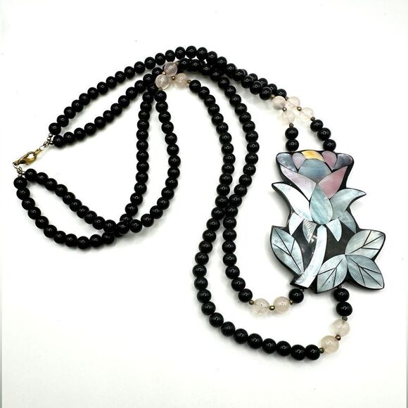 Vintage Signed Lee Sands Mother of Pearl Inlay, Rose Quartz, Lucite necklace! - Picture 1 of 15